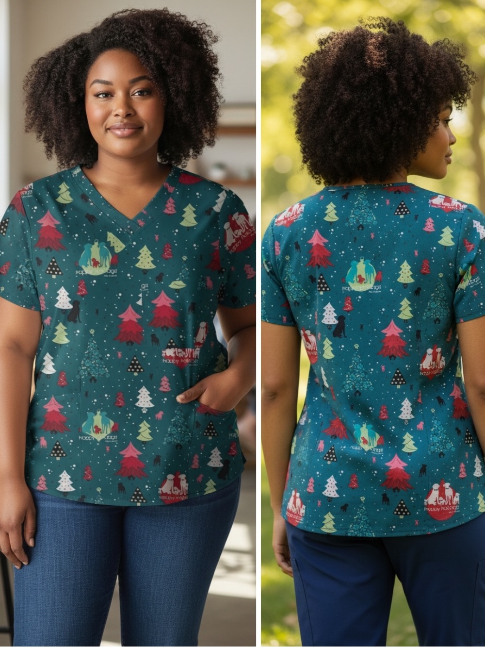 NWT Cherokee Teal Happy Holidogs Print Scrub Top Size Medium